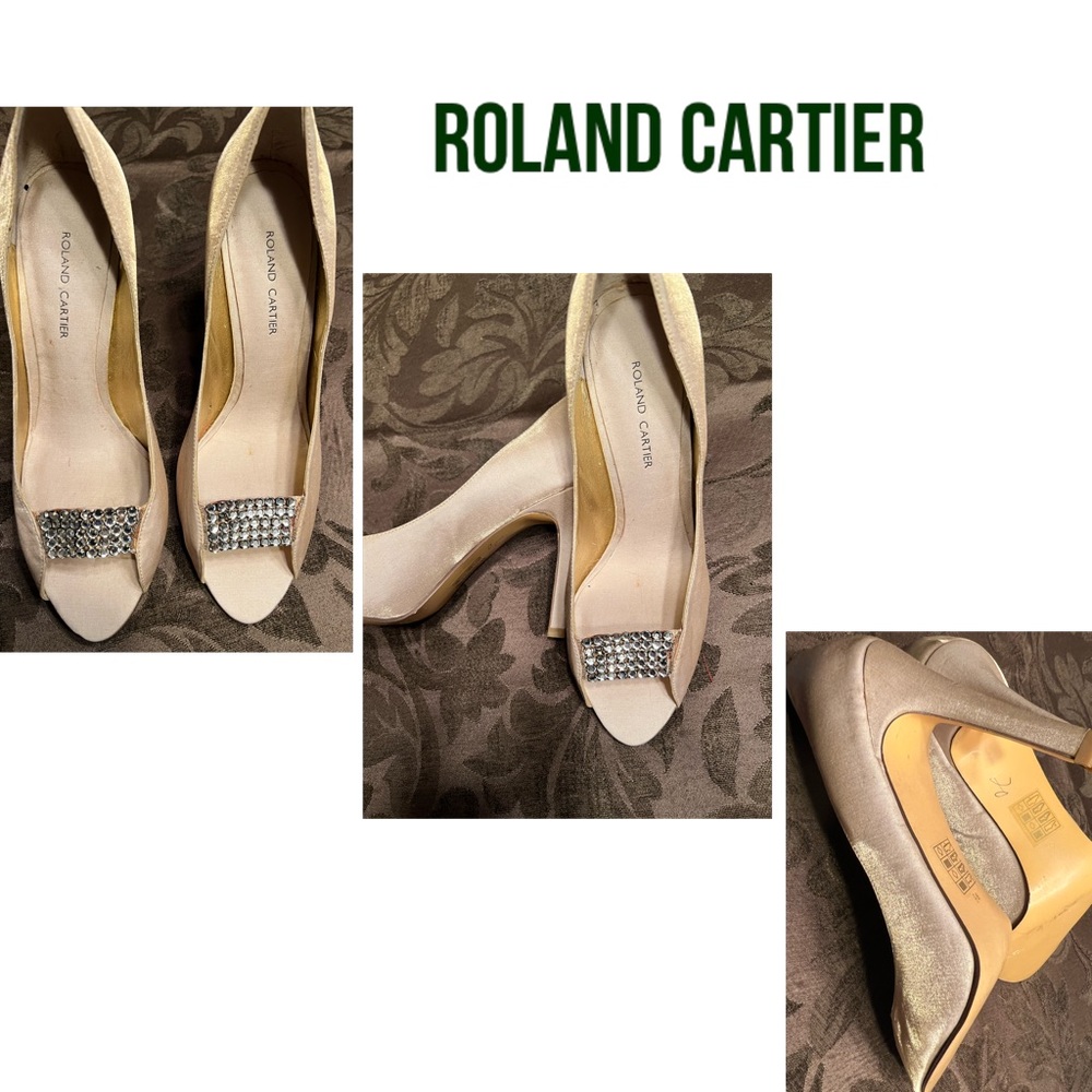 Roland Cartier Gold Satin with Rhinestones Toe Trim Sz 8.5